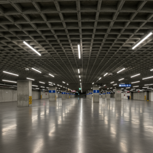 Modern bir otoparkta şık ızgara desenli brüt beton kaset döşeme tavanı