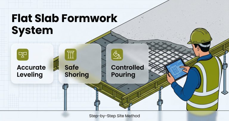 A practical view of flat slab formwork, accurate leveling, safe shoring, and controlled concrete placement