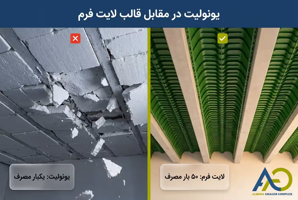 آشنایی با قالب جایگزین یونولیت یا لایت فرم لیست قیمت 11 مقایسه تصویری یونولیت شکسته و ناصاف در برابر سقف اجراشده با قالب لایت فرم چندبارمصرف البرز قالب