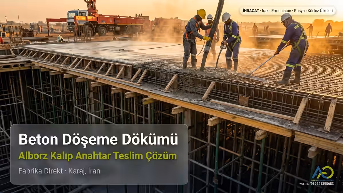 Betonarme Plak Döşeme: Türleri, Kalınlık ve 2026 Fiyatları için Eksiksiz Kılavuz 6 Betonarme plak döşemeye beton dökümü — pompa kamyonu ve inşaat ekibi ile Alborz Kalıp projesi