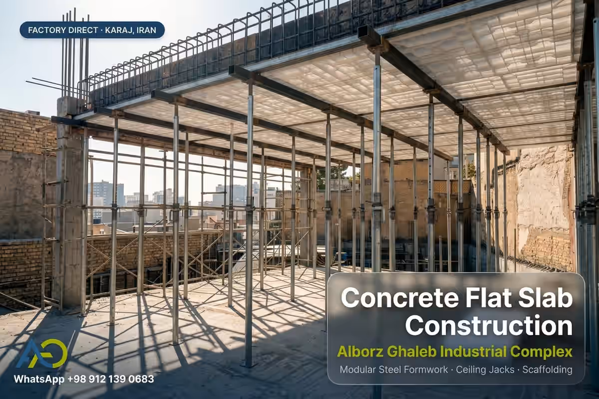 Concrete Slab Roof Construction & Shoring Solutions 1 Concrete flat slab construction with modular steel formwork and ceiling jacks – Alborz Ghaleb, Karaj, Iran