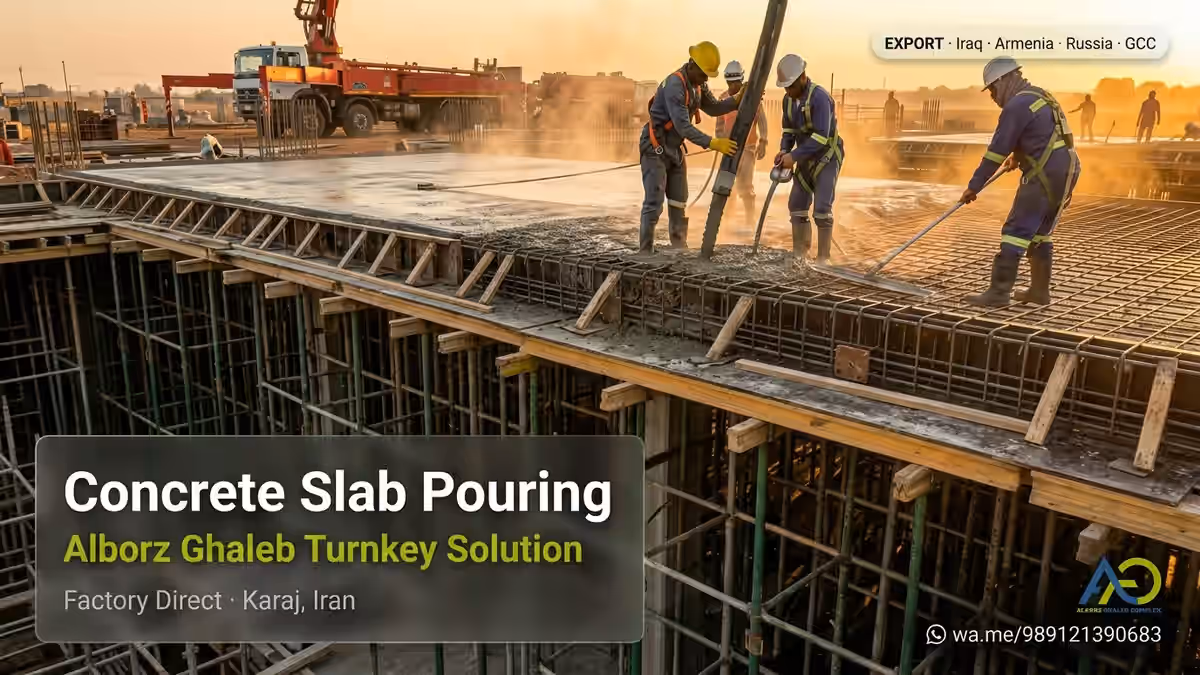 Concrete Slab Roof Construction & Shoring Solutions 6 Concrete pouring on flat slab formwork with pump truck and construction workers – Alborz Ghaleb project