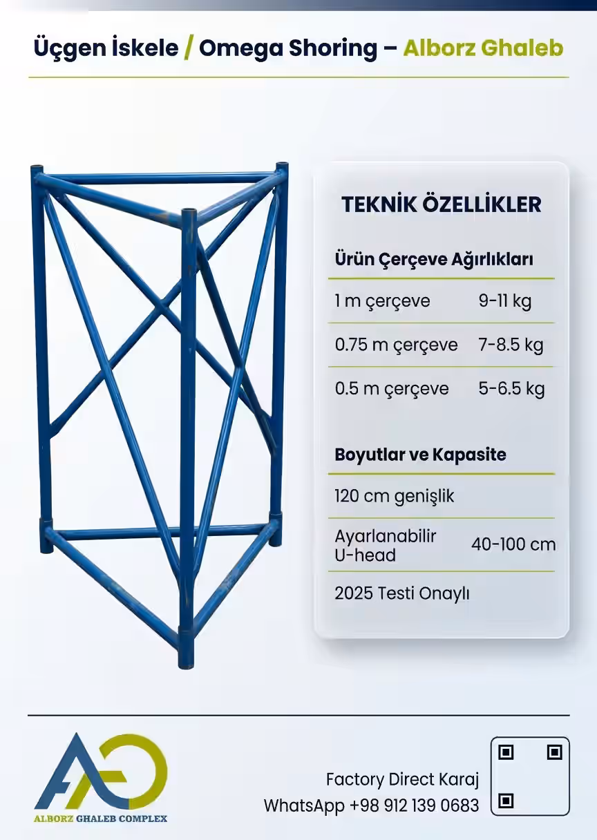 Üçgen İskele | Döşeme ve Köprü İçin Omega Shoring Sistemi 6 omega shoring teknik özellik sayfası çerçeve ölçüleri ağırlık ve 2025 test