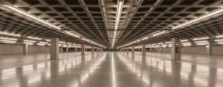 سقف وافل خرساني مكشوف بتصميم شبكي أنيق في موقف سيارات حديث